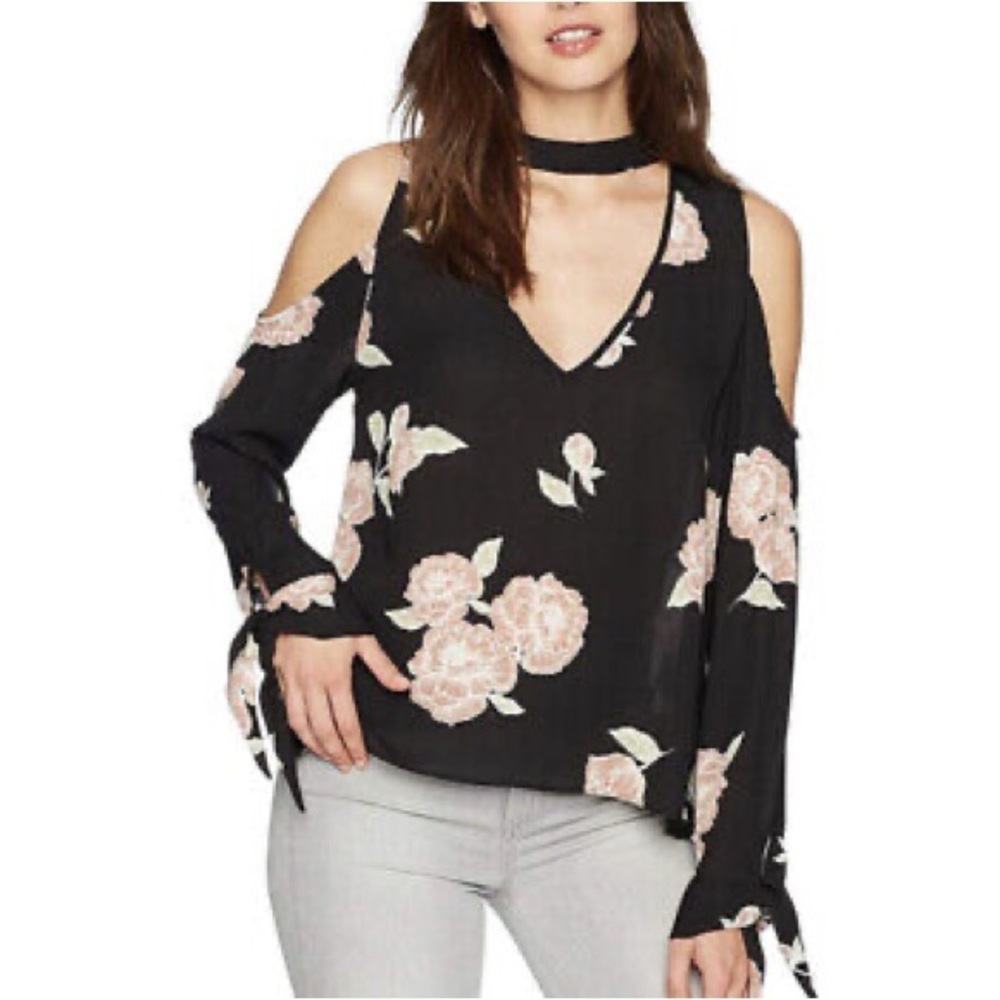 Cupcakes and Cashmere Jon Blouse black floral high neck cold shoulder size S